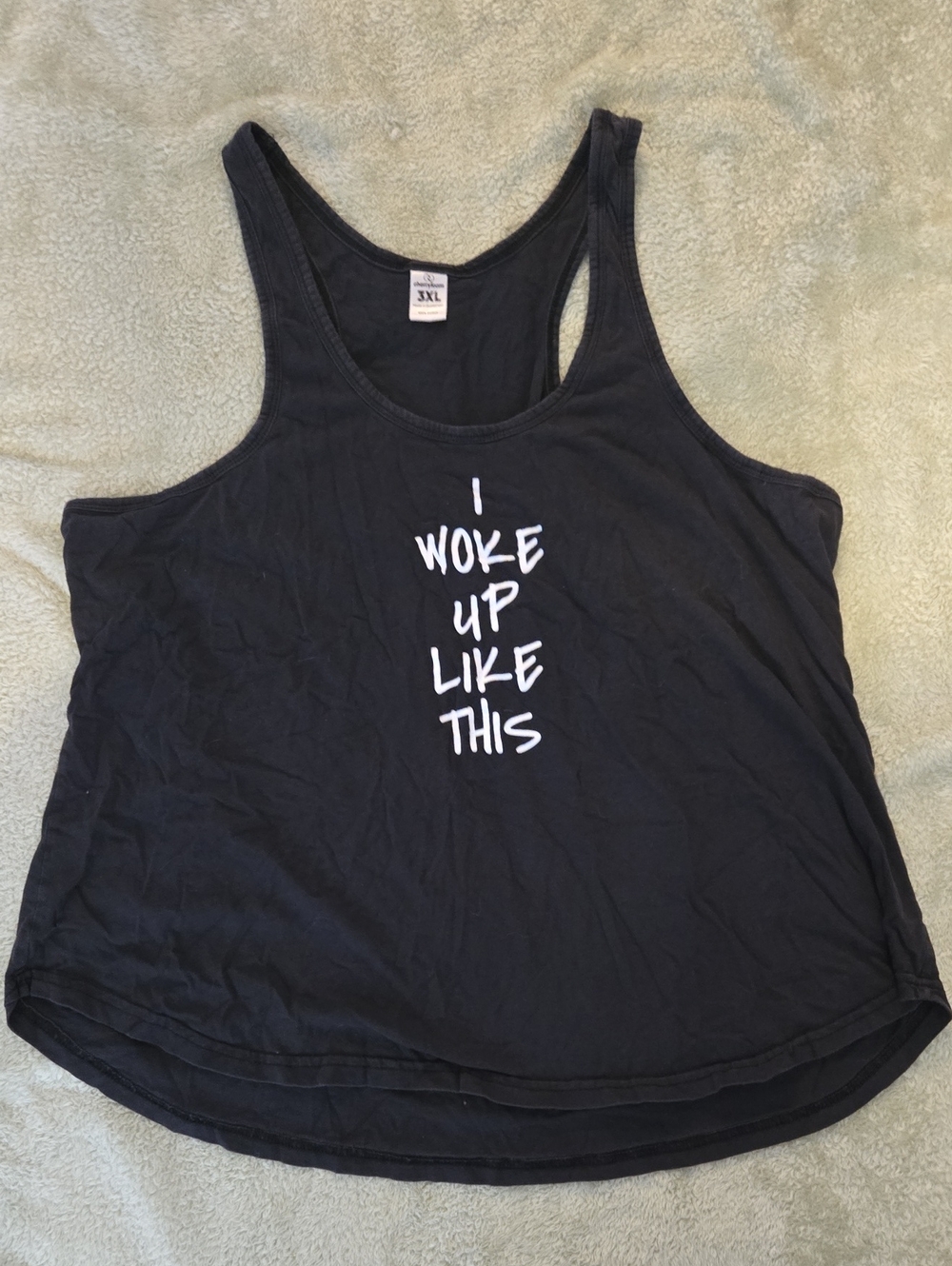 Black Graphic Racerback Tank Top with "I Woke Up Like This" Print
